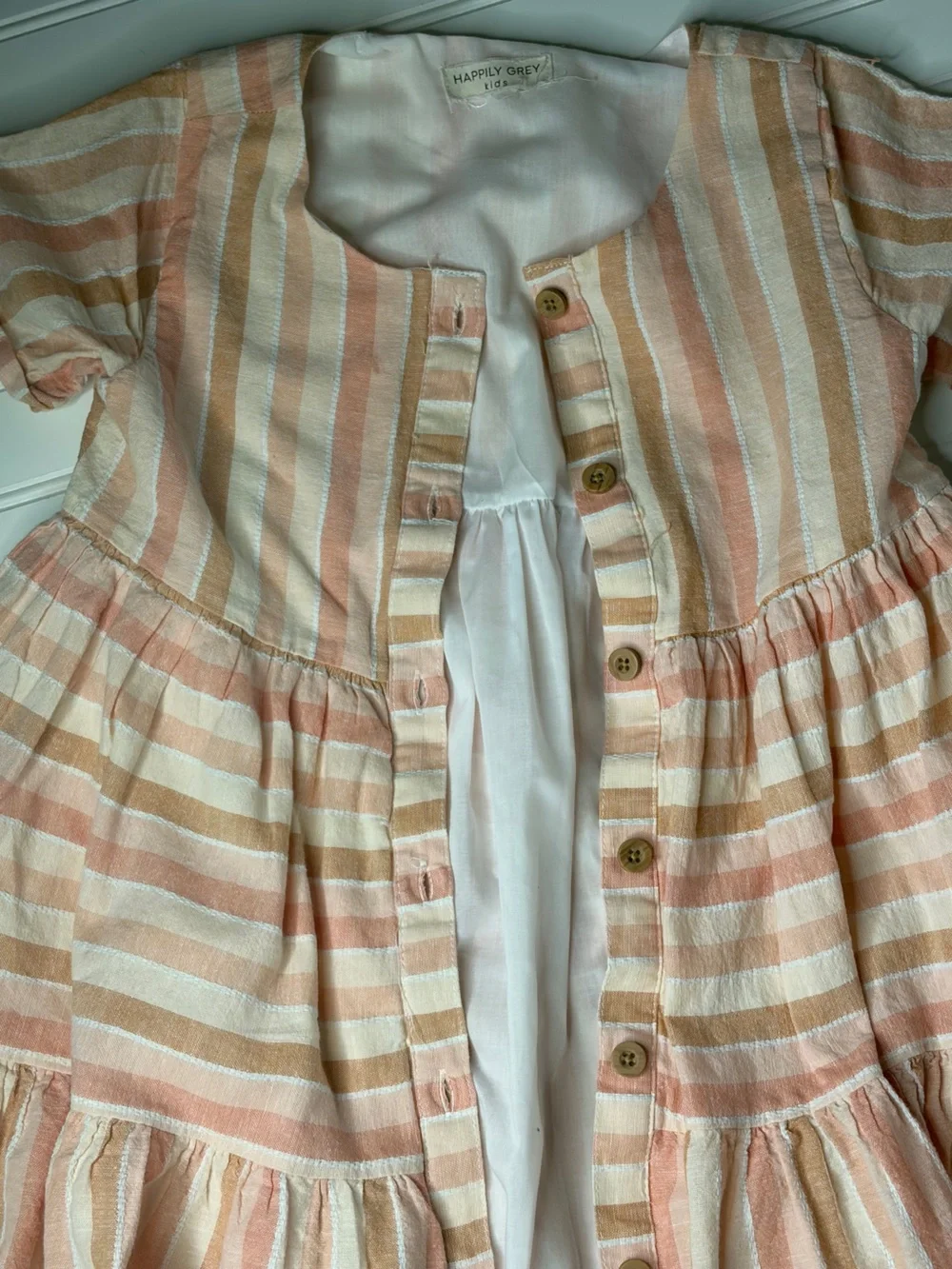 Girls' Striped Button-Front Summer Dress in Peach Cream Tan